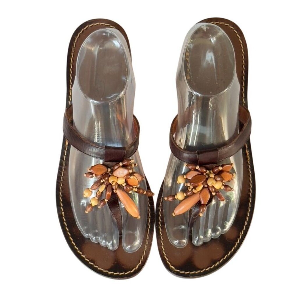 OSCAR De LaRENTA Women's Brown Leather Beaded Sandals Thongs Italy Size 39.5 - Picture 3 of 10